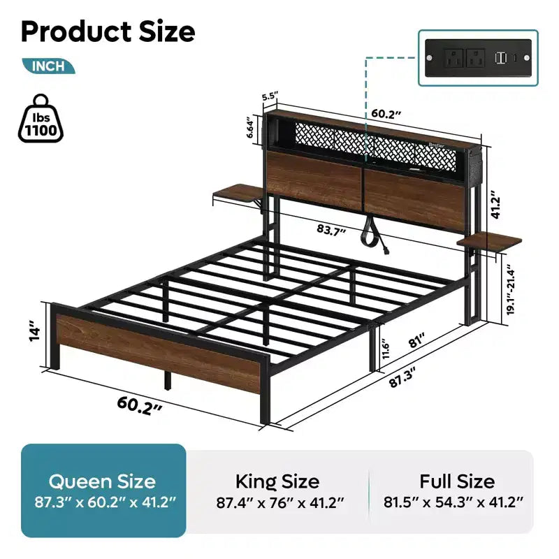 Cama con plataforma LED tamaño Queen/Matrimonial con cabecero de almacenamiento y estación de carga