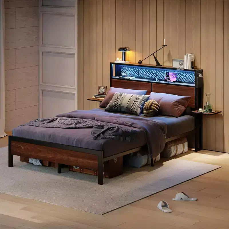 Cama con plataforma LED tamaño Queen/Matrimonial con cabecero de almacenamiento y estación de carga