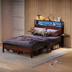 Cama con plataforma LED tamaño Queen/Matrimonial con cabecero de almacenamiento y estación de carga
