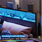 Cama con plataforma LED tamaño Queen/Matrimonial con cabecero de almacenamiento y estación de carga