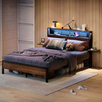 Cama con plataforma LED tamaño Queen/Matrimonial con cabecero de almacenamiento y estación de carga