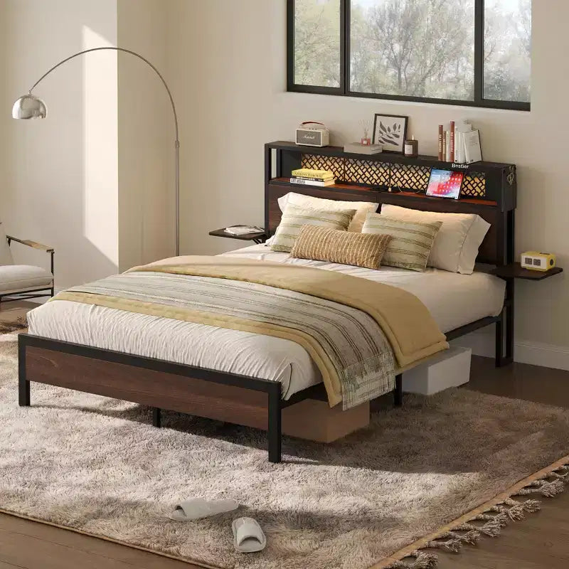 Cama con plataforma LED tamaño Queen/Matrimonial con cabecero de almacenamiento y estación de carga