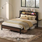 Cama con plataforma LED tamaño Queen/Matrimonial con cabecero de almacenamiento y estación de carga
