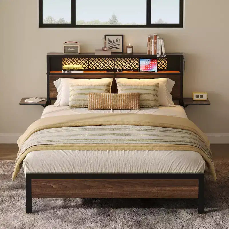 Cama con plataforma LED tamaño Queen/Matrimonial con cabecero de almacenamiento y estación de carga