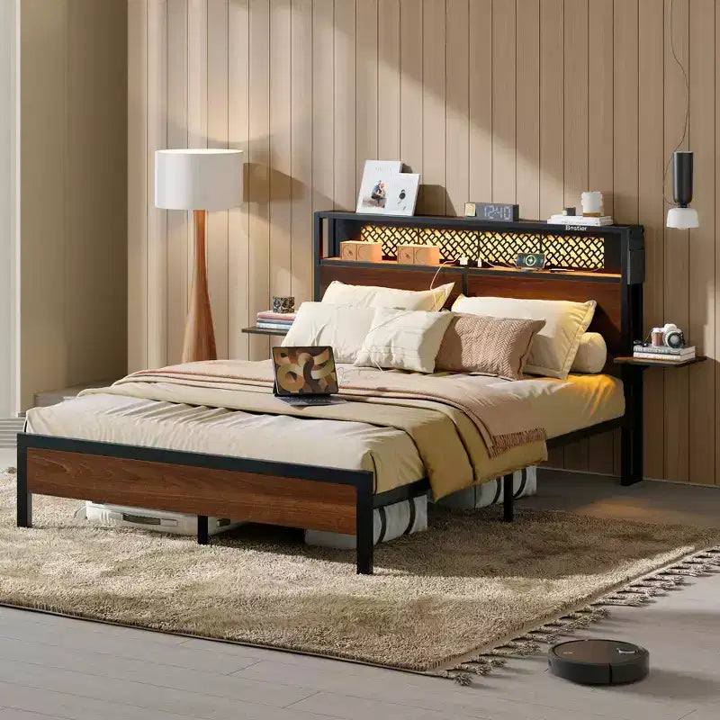 Cama con plataforma LED tamaño Queen/Matrimonial con cabecero de almacenamiento y estación de carga