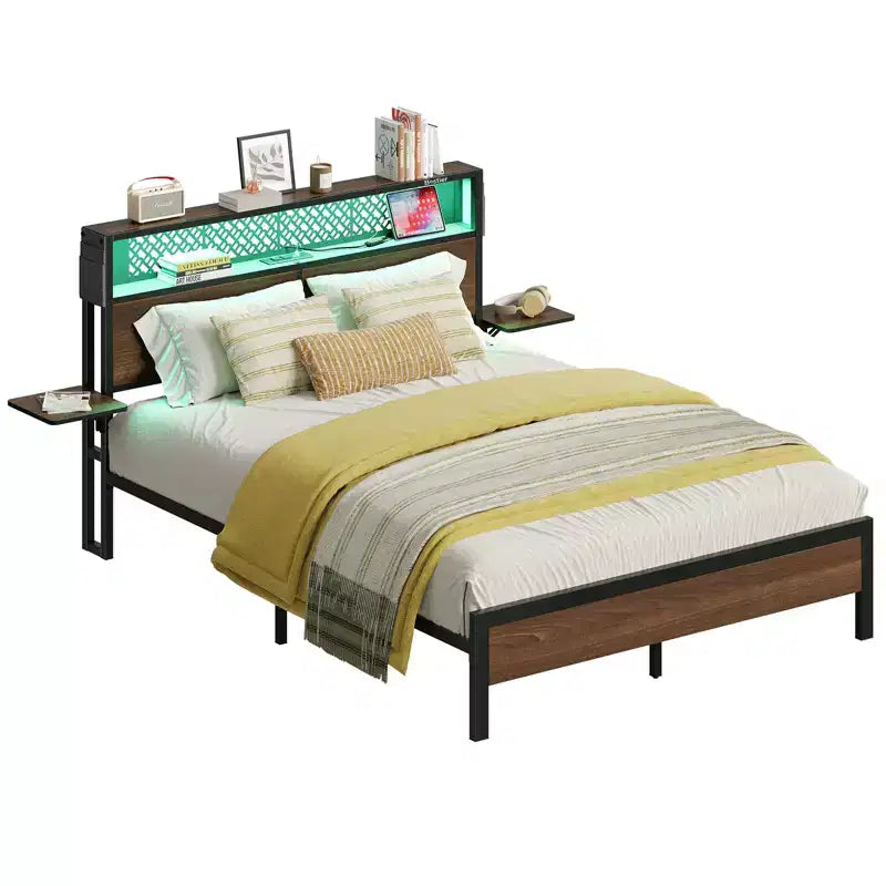 Cama con plataforma LED tamaño Queen/Matrimonial con cabecero de almacenamiento y estación de carga