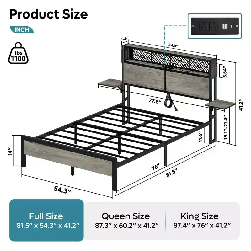 Cama con plataforma LED tamaño Queen/Matrimonial con cabecero de almacenamiento y estación de carga