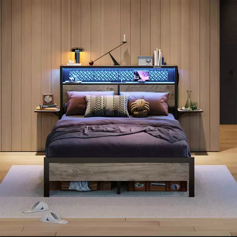 Cama con plataforma LED tamaño Queen/Matrimonial con cabecero de almacenamiento y estación de carga