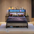 Cama con plataforma LED tamaño Queen/Matrimonial con cabecero de almacenamiento y estación de carga