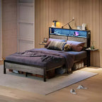 Cama con plataforma LED tamaño Queen/Matrimonial con cabecero de almacenamiento y estación de carga
