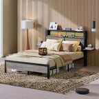 Cama con plataforma LED tamaño Queen/Matrimonial con cabecero de almacenamiento y estación de carga