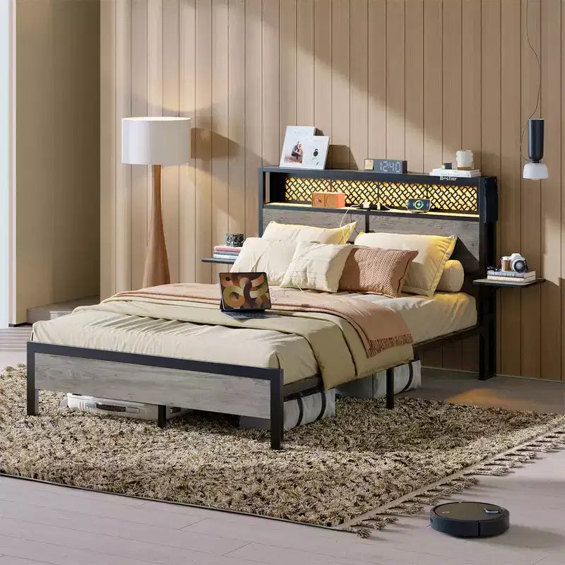 Cama con plataforma LED tamaño Queen/Matrimonial con cabecero de almacenamiento y estación de carga