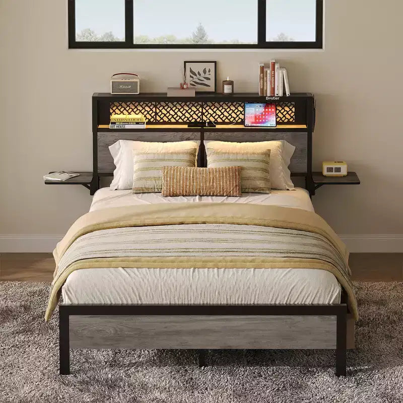 Cama con plataforma LED tamaño Queen/Matrimonial con cabecero de almacenamiento y estación de carga