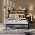 Bestier Queen/Full Size Bed Frame Upholstered LED Platform Bed with Foldable Trip Shelves and Storage Headboard Charge Station