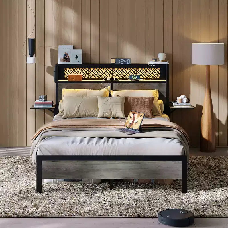Bestier Queen/Full Size Bed Frame Upholstered LED Platform Bed with Foldable Trip Shelves and Storage Headboard Charge Station