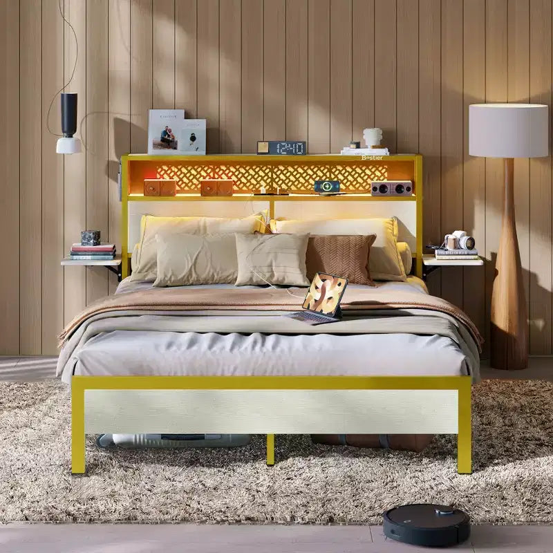 Cama con plataforma LED tamaño Queen/Matrimonial con cabecero de almacenamiento y estación de carga
