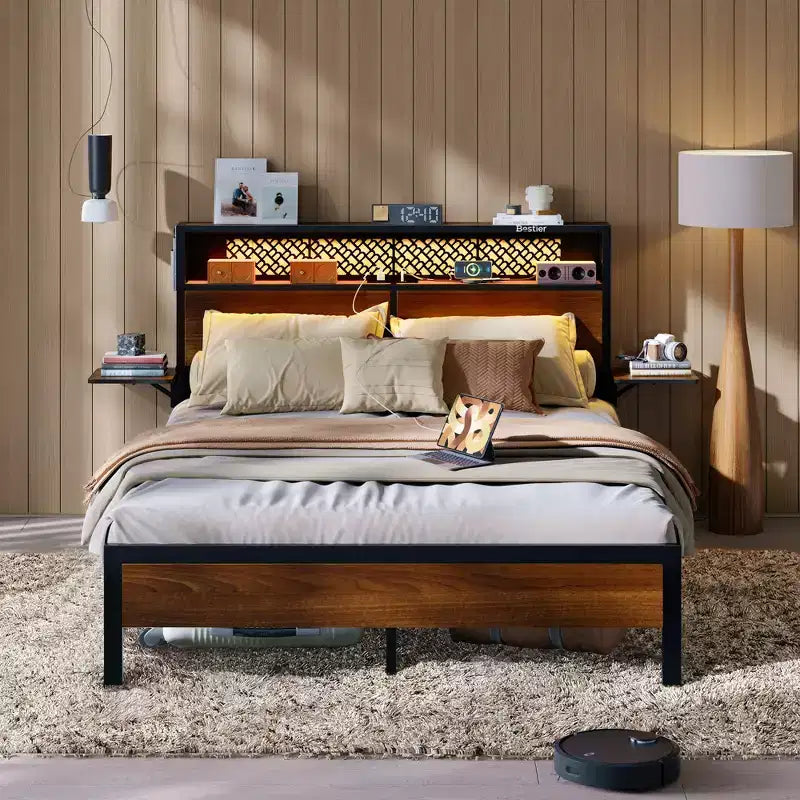 Cama con plataforma LED tamaño Queen/Matrimonial con cabecero de almacenamiento y estación de carga