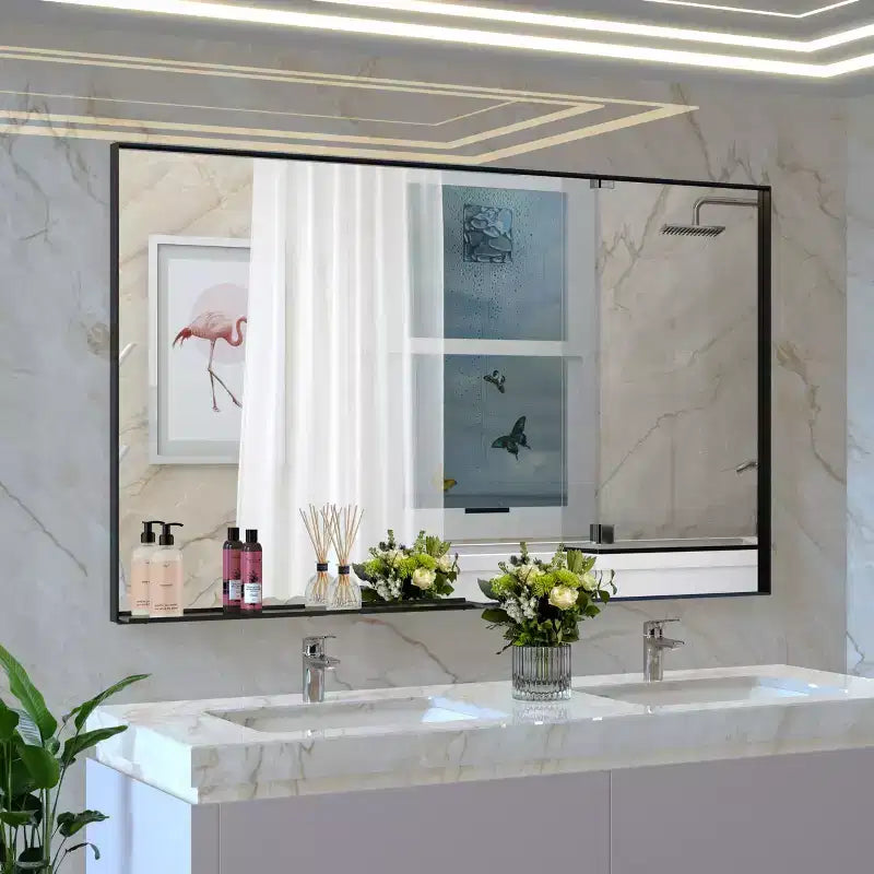 Espejo de Baño Moderno con Marco Negro: Grande, de Aluminio, Montado en la Pared, Vertical/Horizontal
