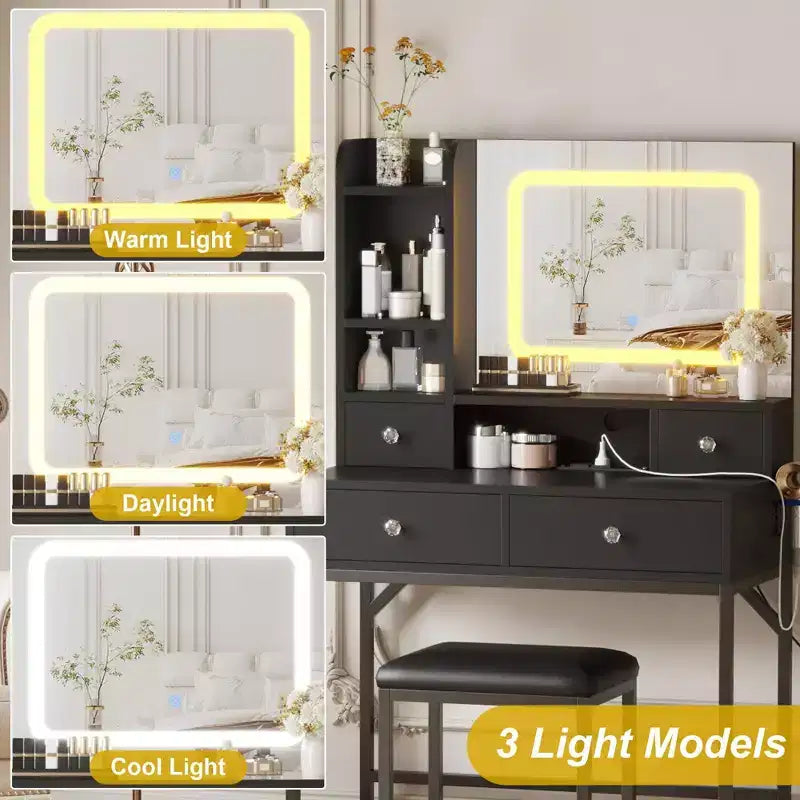 Tocador con espejo, tocador de maquillaje con 3 modos de iluminación ajustables, tocador moderno y taburete con estación de carga