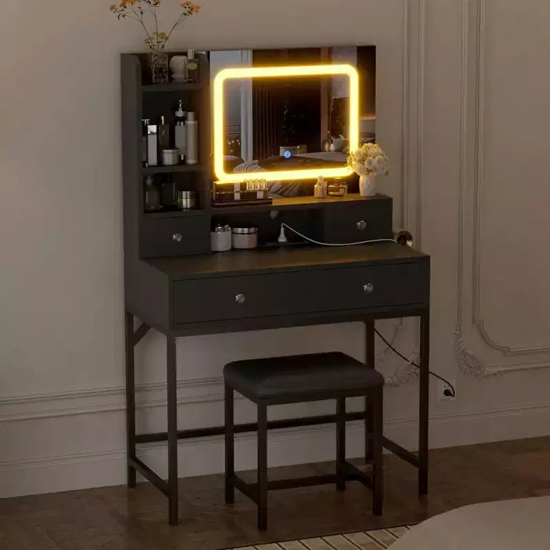 Tocador con espejo, tocador de maquillaje con 3 modos de iluminación ajustables, tocador moderno y taburete con estación de carga