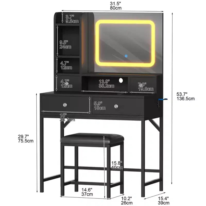 Tocador con espejo, tocador de maquillaje con 3 modos de iluminación ajustables, tocador moderno y taburete con estación de carga