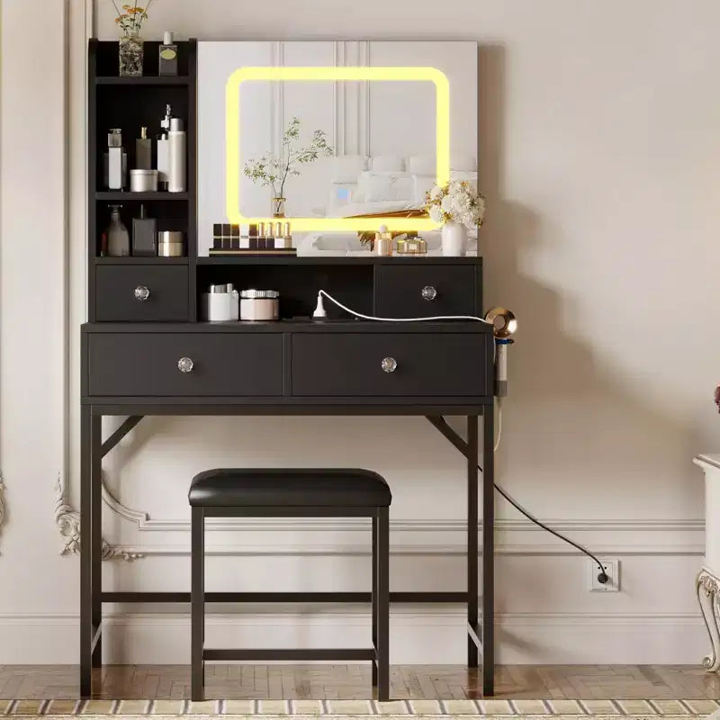 Tocador con espejo, tocador de maquillaje con 3 modos de iluminación ajustables, tocador moderno y taburete con estación de carga