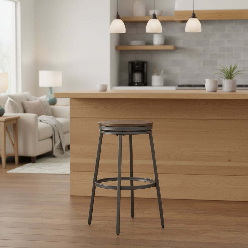 Stockton 30 Backless Metal Swivel Stool - Slate Grey - Golden Oak Seat