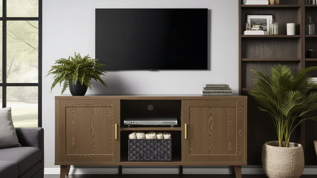 JVNOXK Medieval Modern 60-inch TV Stand, Entertainment Center with Two Doors and Cable Management, Fits TVs 65 inches and under, Walnut
