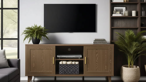 JVNOXK Medieval Modern 60-inch TV Stand, Entertainment Center with Two Doors and Cable Management, Fits TVs 65 inches and under, Walnut