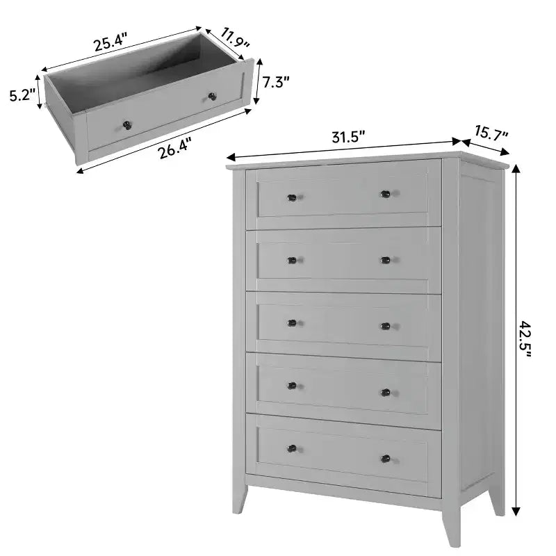Cómoda alta de madera de 5 cajones con almacenamiento profundo – Dormitorio y recibidor