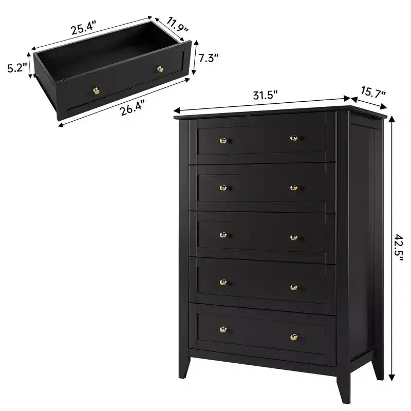Cómoda alta de madera de 5 cajones con almacenamiento profundo – Dormitorio y recibidor