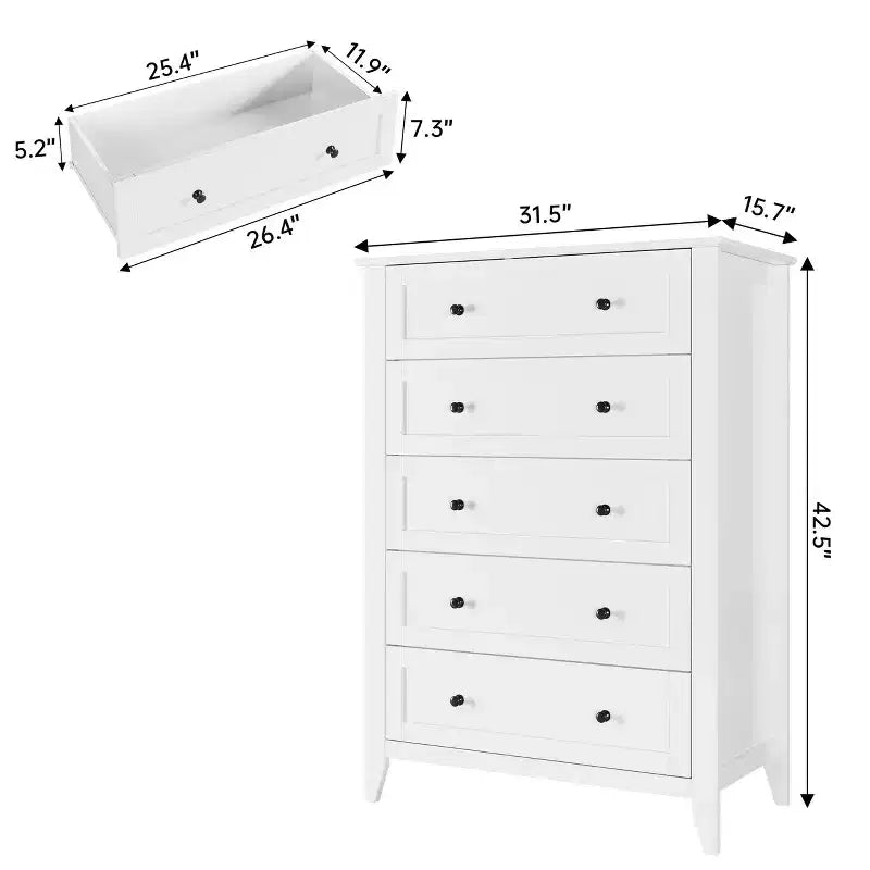 Cómoda alta de madera de 5 cajones con almacenamiento profundo – Dormitorio y recibidor