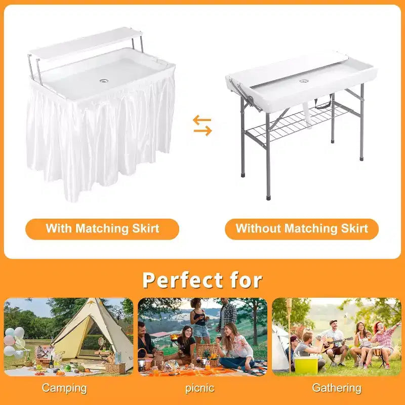 Mesa plegable de helados refrigerada para niños con almacenamiento y drenaje. Enfriador de bebidas para exteriores para fiestas, camping, picnic, barbacoas, bodas. Barra de autoservicio, con faldón.