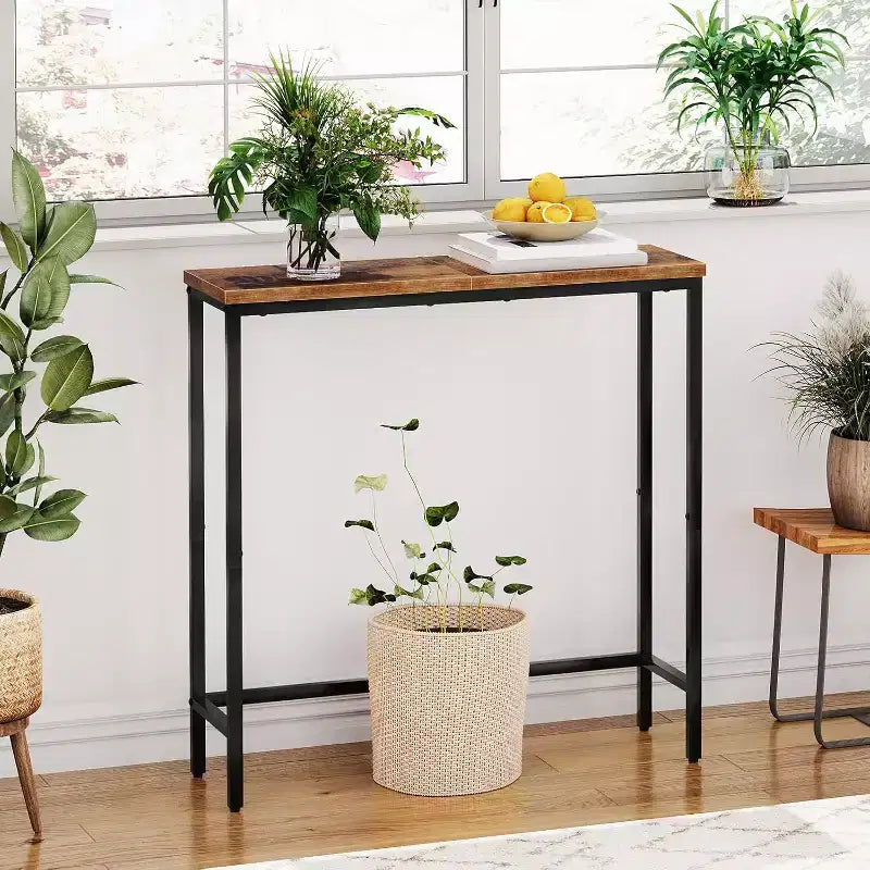 Mesa Consola Estrecha de 29.5" – Mesa de Entrada Marrón Rústico y Negro
