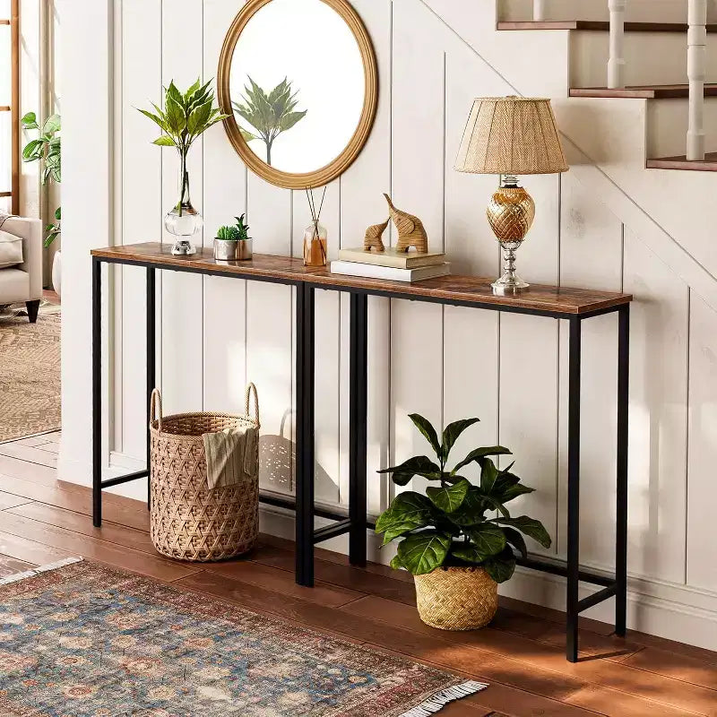 Mesa Consola Estrecha de 29.5" – Mesa de Entrada Marrón Rústico y Negro