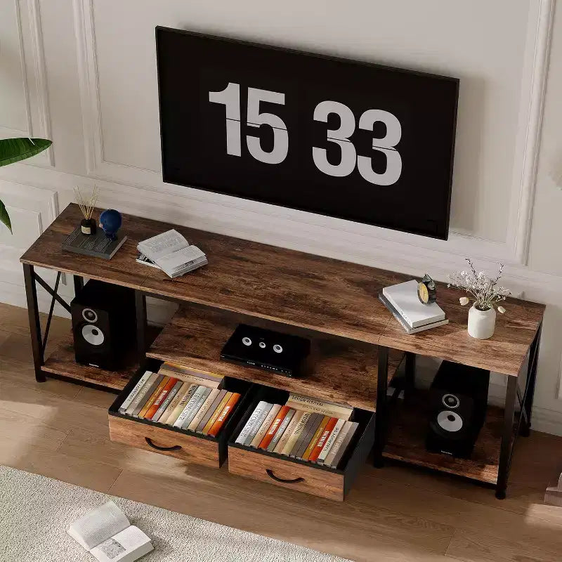 Mueble de TV con cajones de tela y tomas de corriente, Centro de entretenimiento tipo consola para TV con estantes abiertos para TV de 75/70/65 pulgadas, Adecuado para sala de estar, dormitorio
