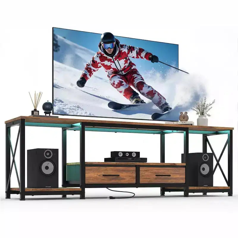 Mueble de TV con cajones de tela y tomas de corriente, Centro de entretenimiento tipo consola para TV con estantes abiertos para TV de 75/70/65 pulgadas, Adecuado para sala de estar, dormitorio