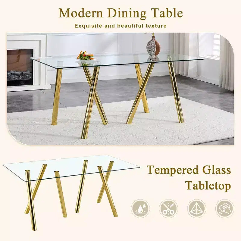 Table à manger en verre trempé de 180 cm avec pieds métalliques robustes, résistante aux chocs et à la chaleur pour les repas en famille