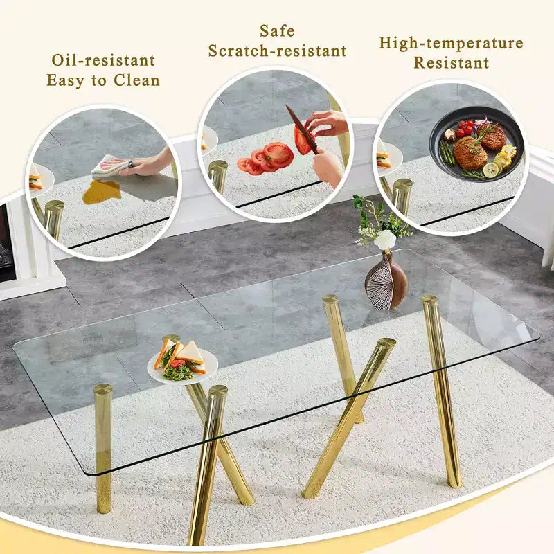 Table à manger en verre trempé de 180 cm avec pieds métalliques robustes, résistante aux chocs et à la chaleur pour les repas en famille