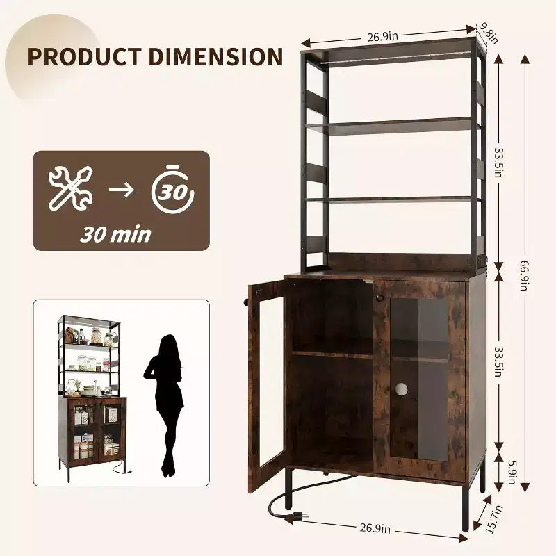 Armario de despensa de cocina alto de 67 pulgadas con luces LED y tomas de corriente, botellero y mueble de almacenamiento industrial independiente para comedor, sala de estar