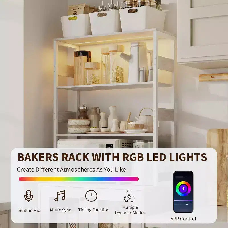 Armario de despensa de cocina alto de 67 pulgadas con luces LED y tomas de corriente, botellero y mueble de almacenamiento industrial independiente para comedor, sala de estar