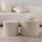 Round Wood Coffee Table with Handcrafted Relief Design for Small Spaces, No Assembly Required