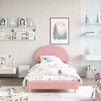 Base de cama moderna para niños con cabecero tapizado en bouclé con arco, resistentes listones de madera, sin ruido, no necesita somier, fácil montaje, individual