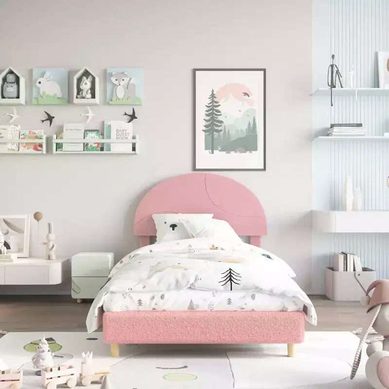 Base de cama moderna para niños con cabecero tapizado en bouclé con arco, resistentes listones de madera, sin ruido, no necesita somier, fácil montaje, individual