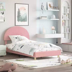 Base de cama moderna para niños con cabecero tapizado en bouclé con arco, resistentes listones de madera, sin ruido, no necesita somier, fácil montaje, individual