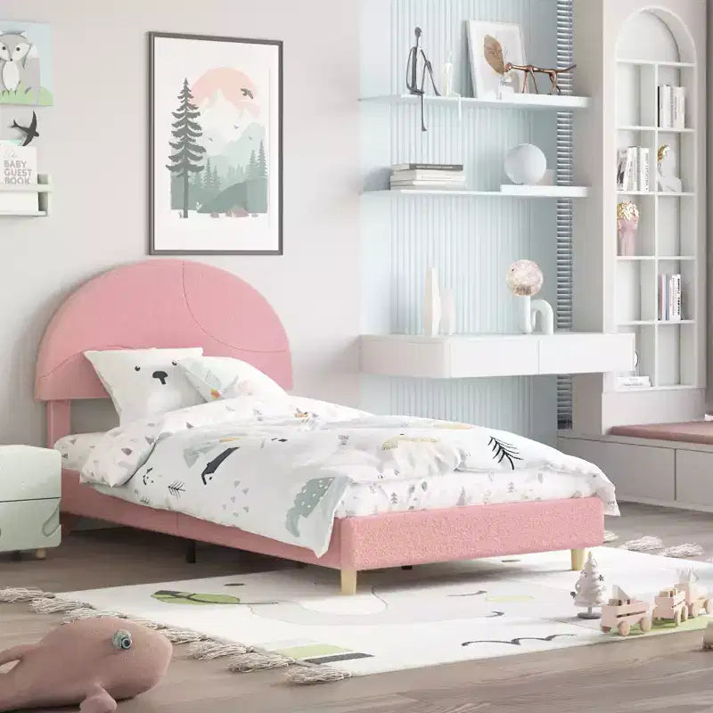 Base de cama moderna para niños con cabecero tapizado en bouclé con arco, resistentes listones de madera, sin ruido, no necesita somier, fácil montaje, individual