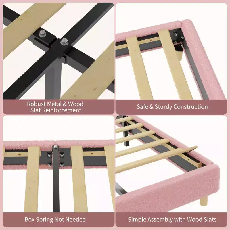 Base de cama moderna para niños con cabecero tapizado en bouclé con arco, resistentes listones de madera, sin ruido, no necesita somier, fácil montaje, individual