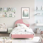Base de cama moderna para niños con cabecero tapizado en bouclé con arco, resistentes listones de madera, sin ruido, no necesita somier, fácil montaje, individual