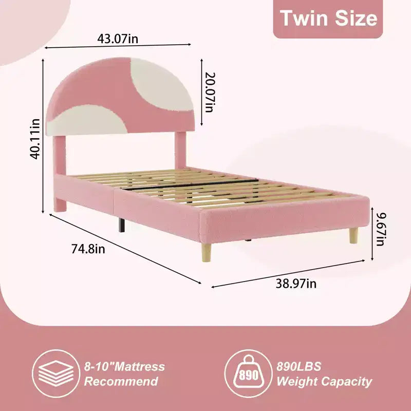 Base de cama moderna para niños con cabecero tapizado en bouclé con arco, resistentes listones de madera, sin ruido, no necesita somier, fácil montaje, individual