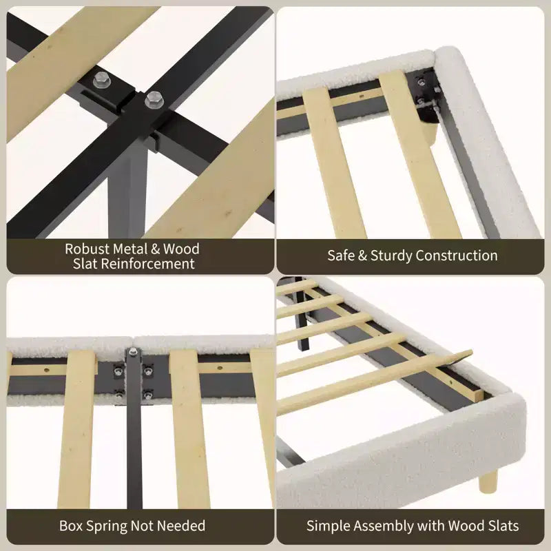 Base de cama moderna para niños con cabecero tapizado en bouclé con arco, resistentes listones de madera, sin ruido, no necesita somier, fácil montaje, individual